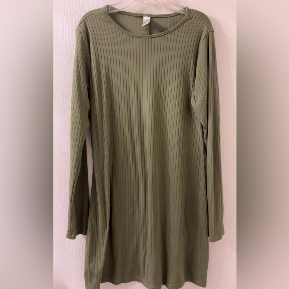 Ribbed Olive Long Sleeve T-Shirt Dress